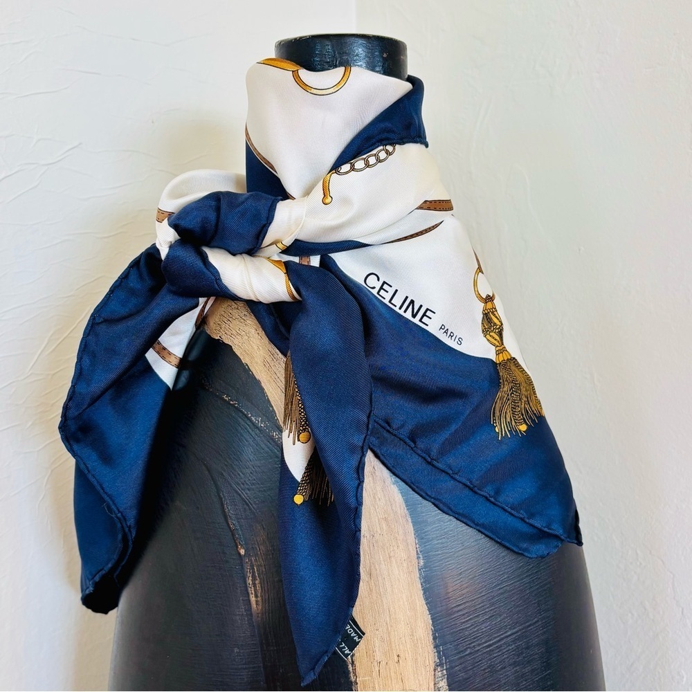 CELINE PARIS Navy and Gold Silk Equestrian Scarf - Picture 4 of 16